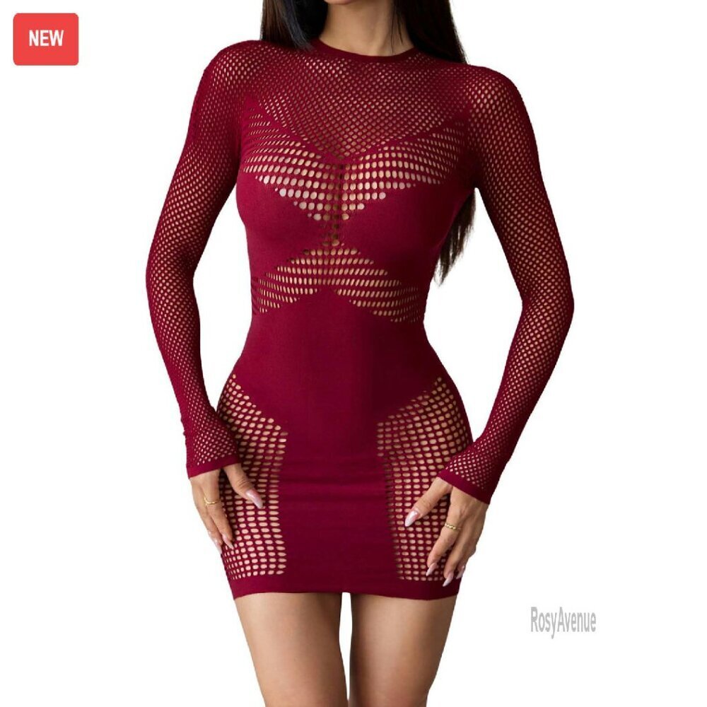Sexy Sheer Cutout Long Sleeve Mini Bodycon Dress, Seamless Mesh